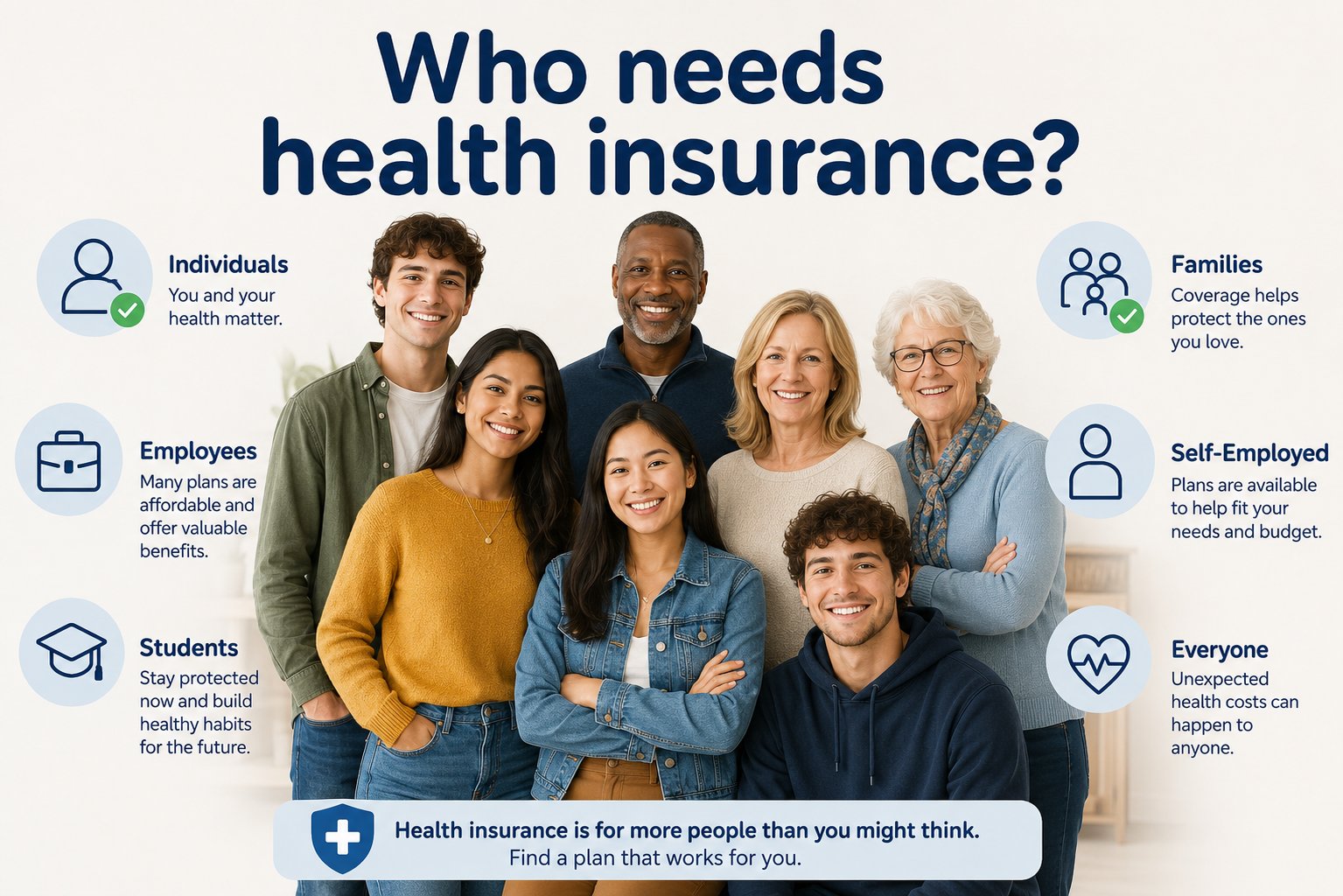 Who needs health insurance? Individuals, families, employees, students, self-employed and everyone.